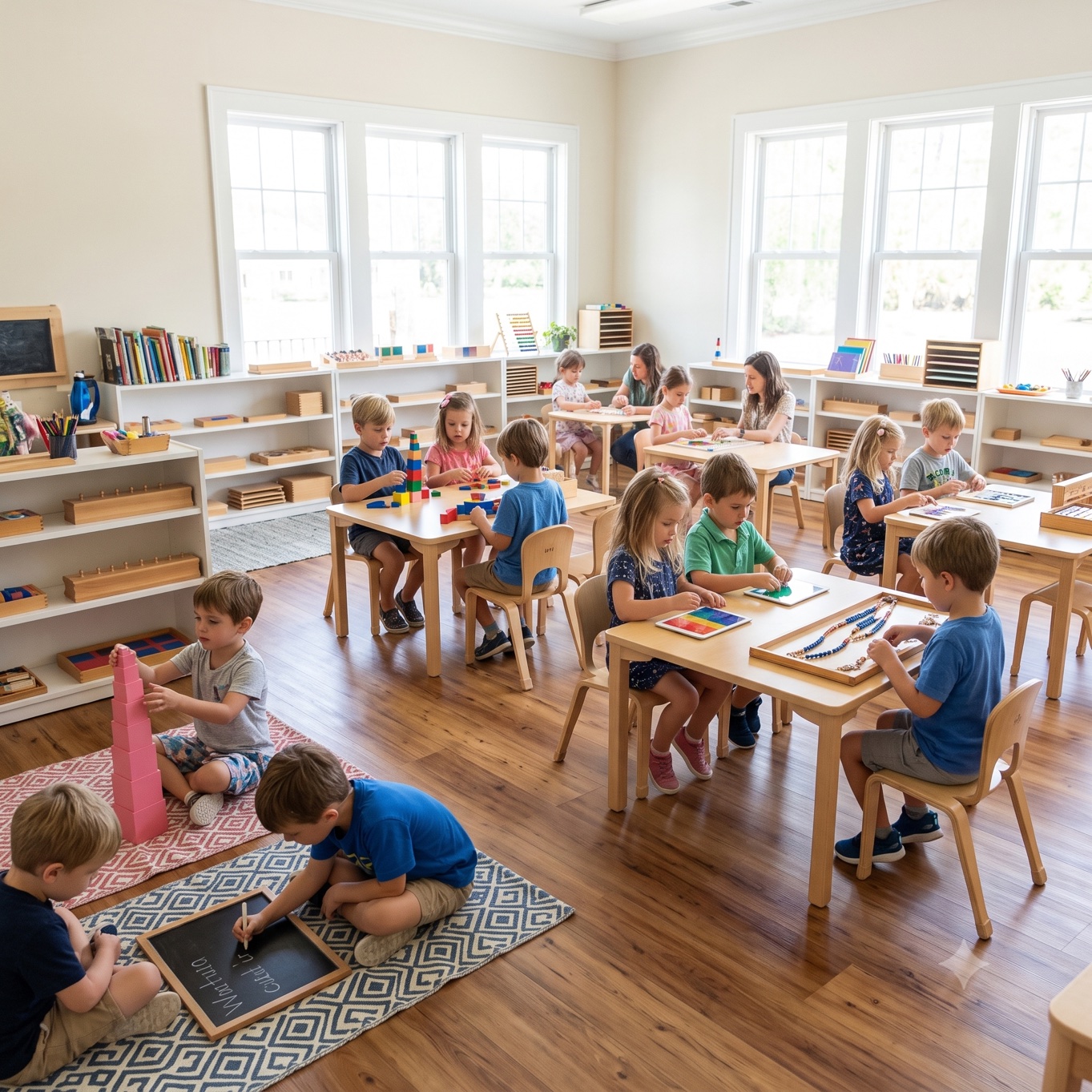A bright Montessori classroom full of children at work