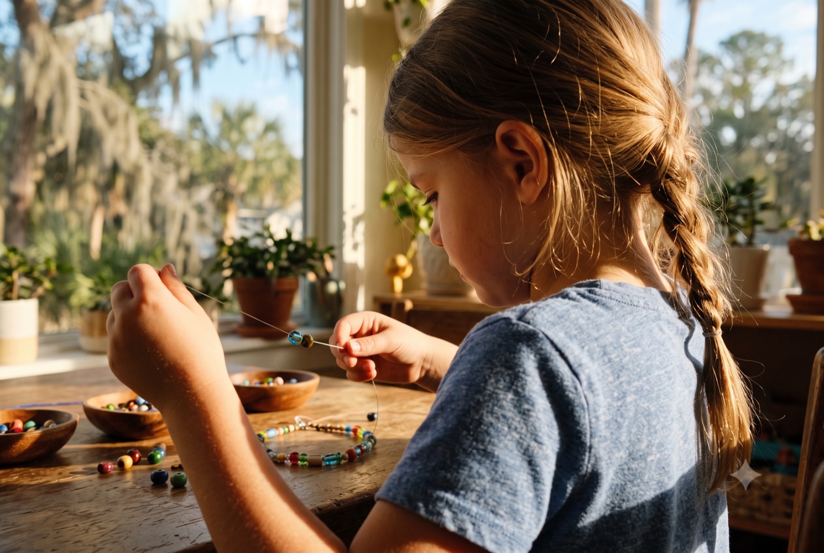 A child threading beads in warm window light