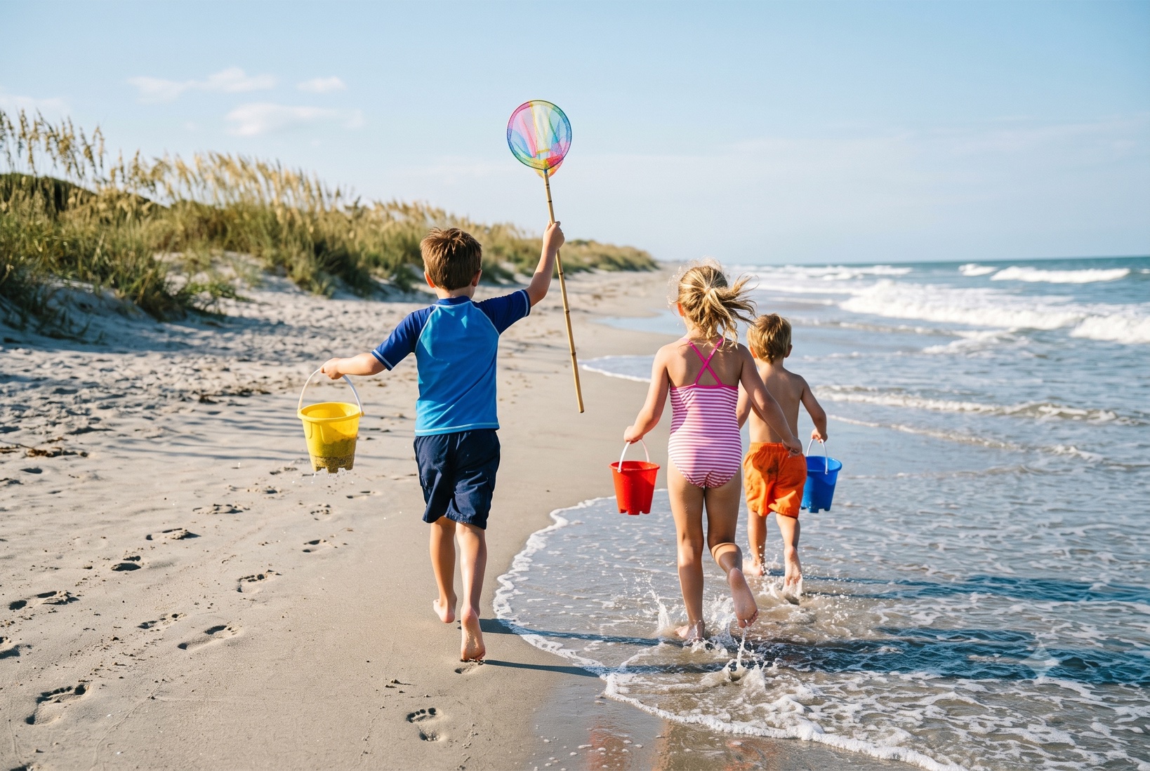 Children running on the beach with buckets and a net