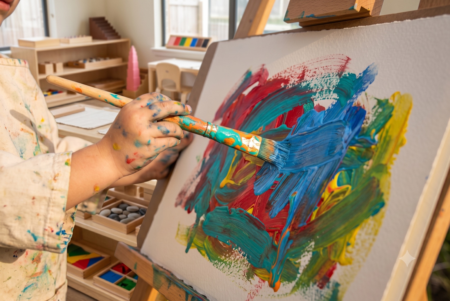 A child painting at an easel with colorful brushstrokes