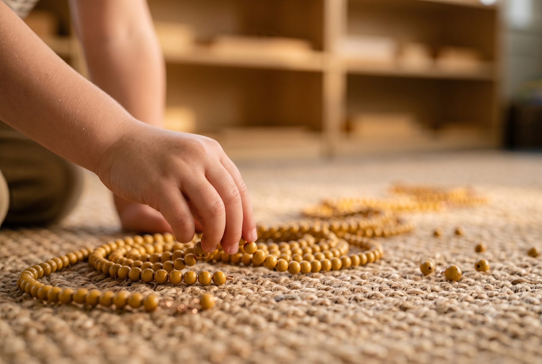 A child counting golden bead chains