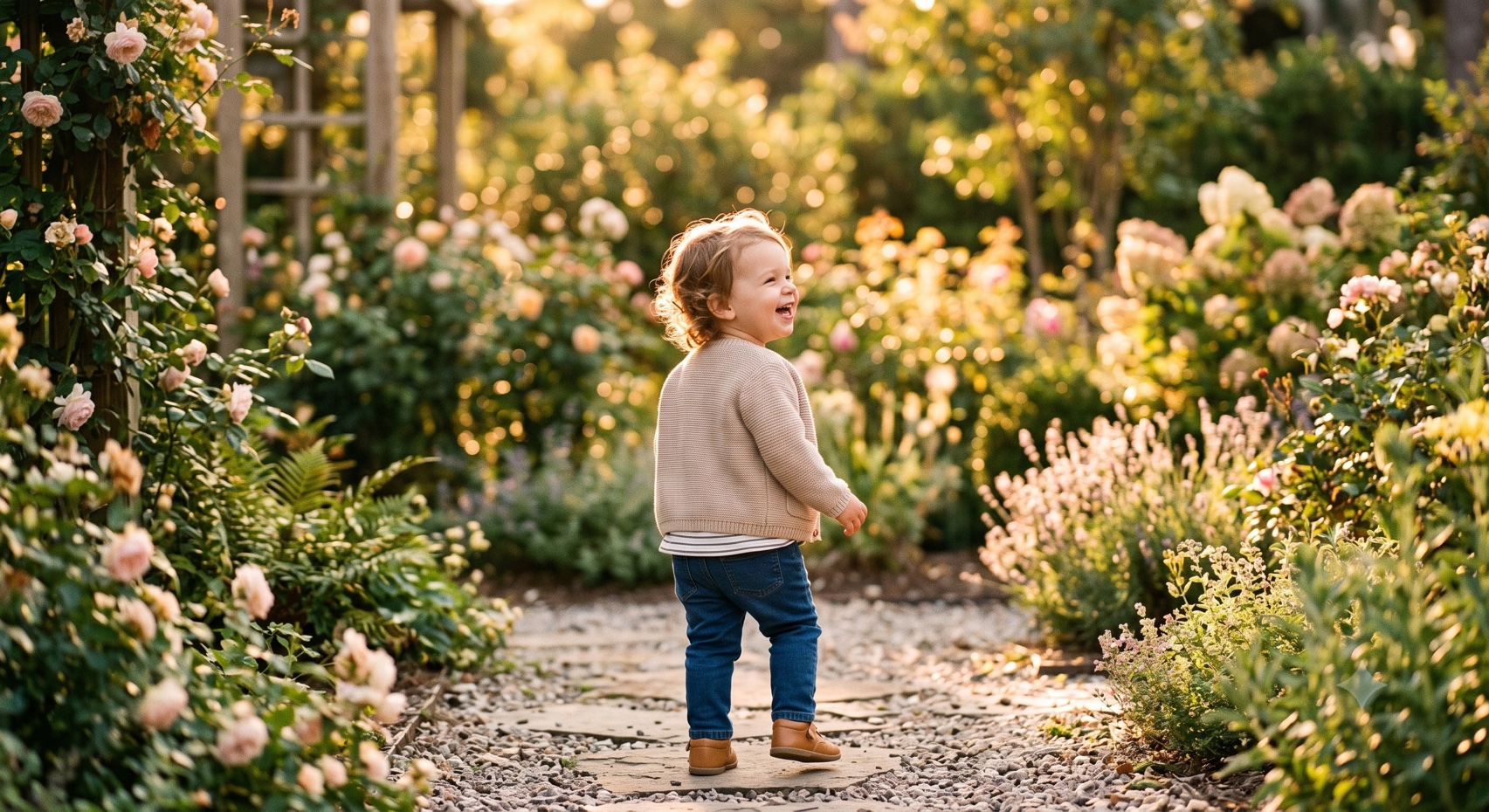 A toddler laughing in the garden at golden hour